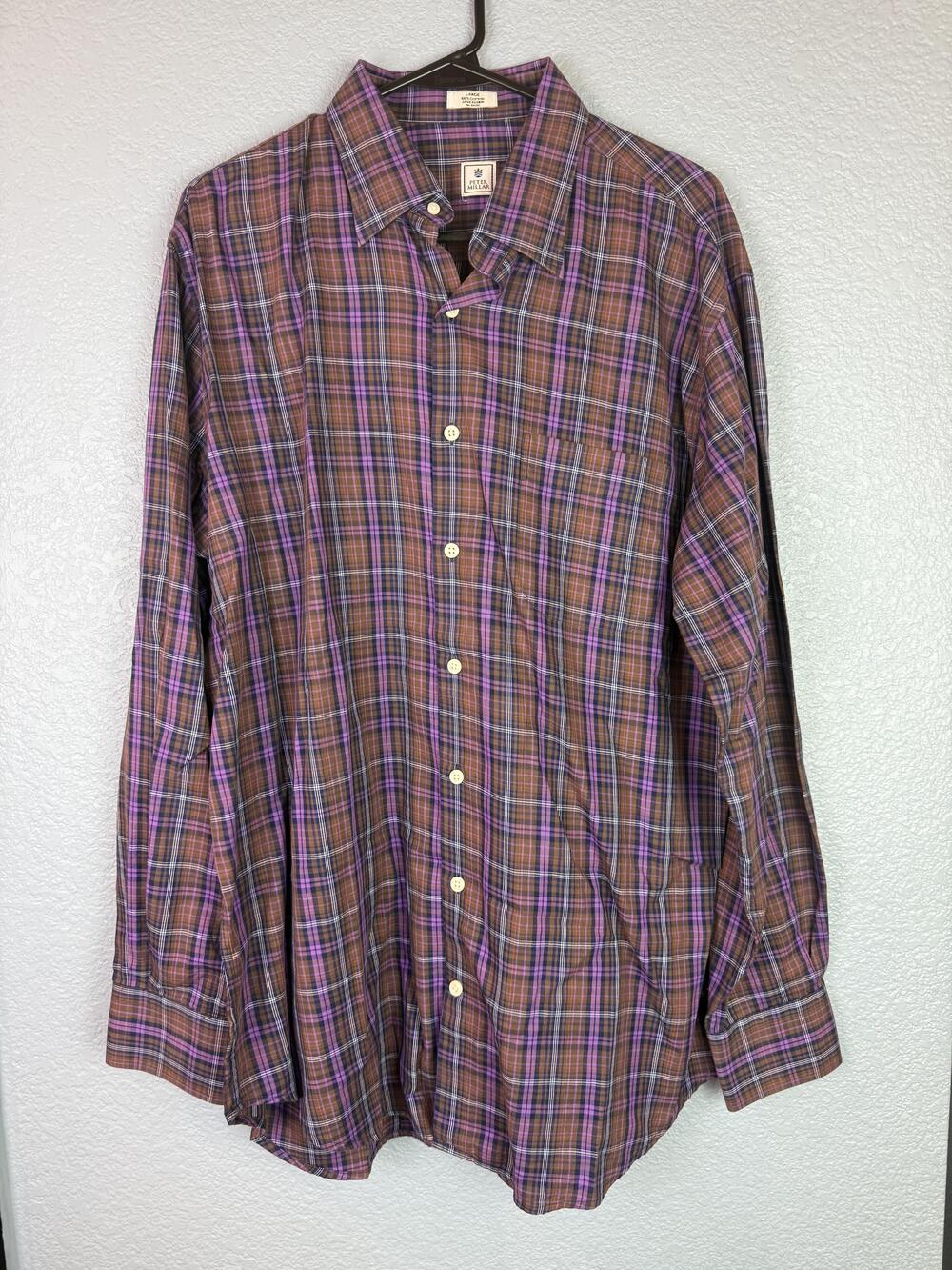 Peter Millar Shirt Mens Large Purple Brown Plaid Button Down Long Sleeve Casual